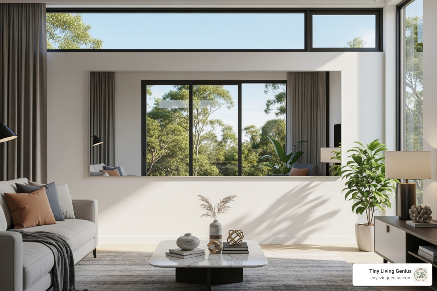 living room using a large mirror opposite a window to create depth - tiny flat ideas