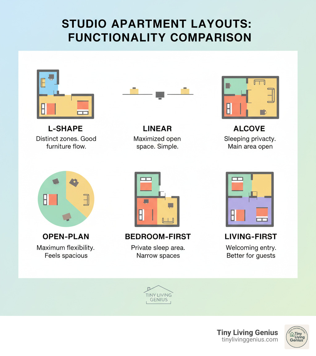 Table comparing different studio apartment layouts for functionality - tiny flat ideas infographic 
