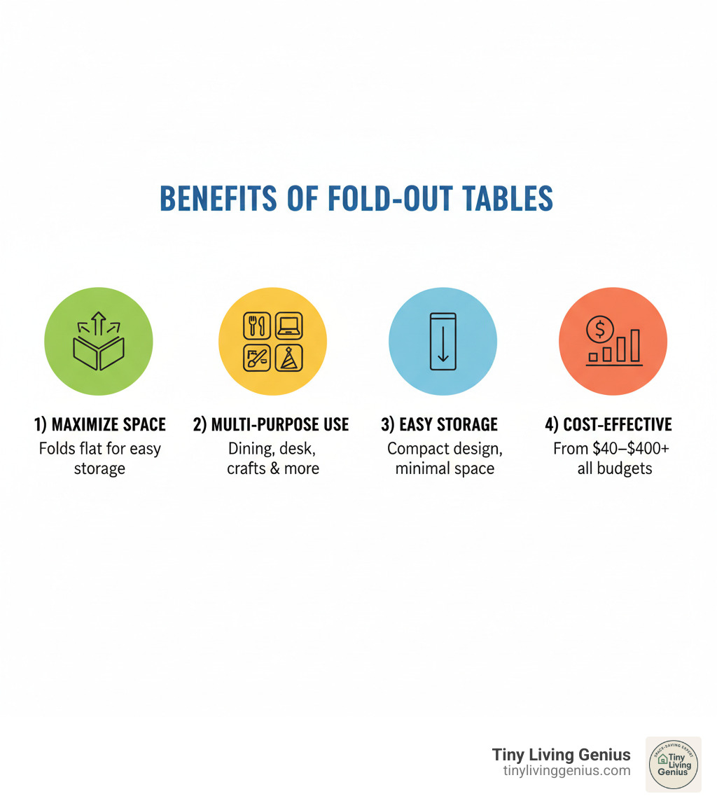 Infographic showing the four key benefits of fold-out tables: 1) Maximize Space - folds flat for easy storage in closets or behind doors, 2) Multi-Purpose Use - serves as dining table, desk, craft station, or party surface, 3) Easy Storage - compact design requires minimal space when not in use, 4) Cost-Effective - affordable pricing from $40 to $400+ with options for every budget - fold out table infographic 