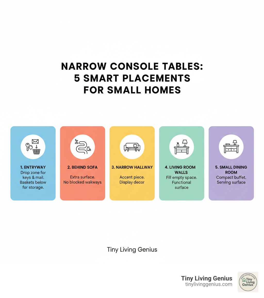 Infographic showing the top 5 ideal placements for narrow console tables in small homes: 1. Entryway as a drop zone for keys and mail with storage baskets below, 2. Behind the sofa to create extra surface area without blocking walkways, 3. Narrow hallway as an accent piece with decorative items, 4. Against living room walls to fill empty space functionally, 5. Small dining rooms as a compact buffet or serving surface - Narrow console table infographic 