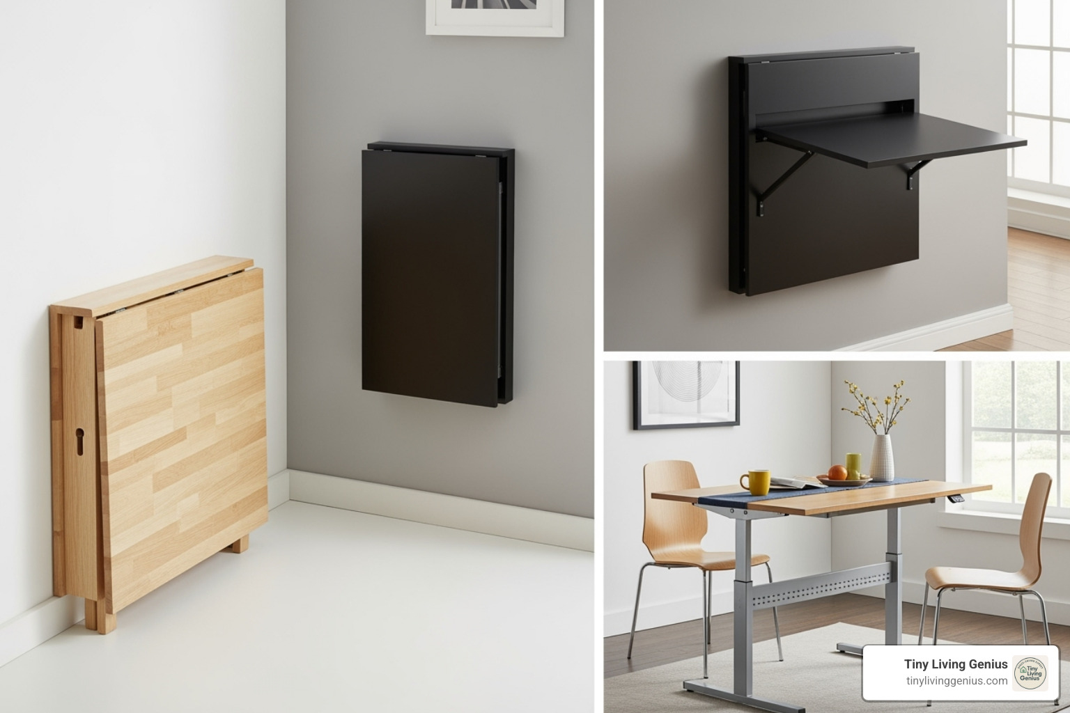 Various types of fold-out tables, including a fold-in-half, a wall-mounted, and an adjustable height model - fold out table