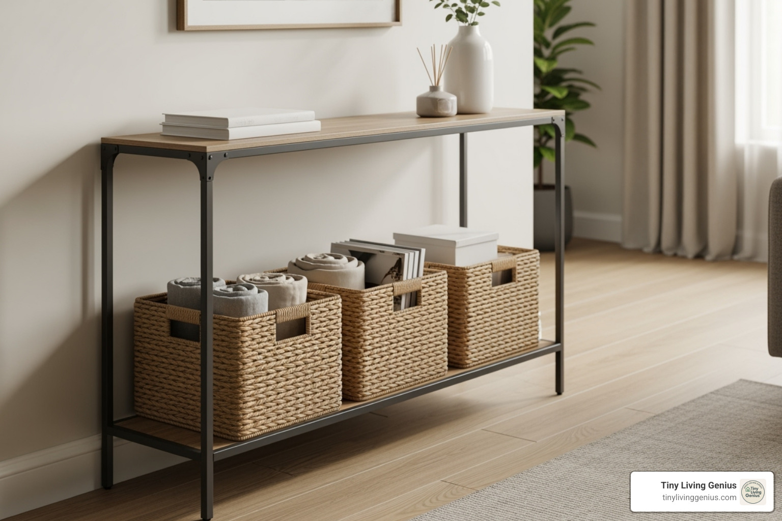 narrow console table with organized baskets on a lower shelf - Narrow console table