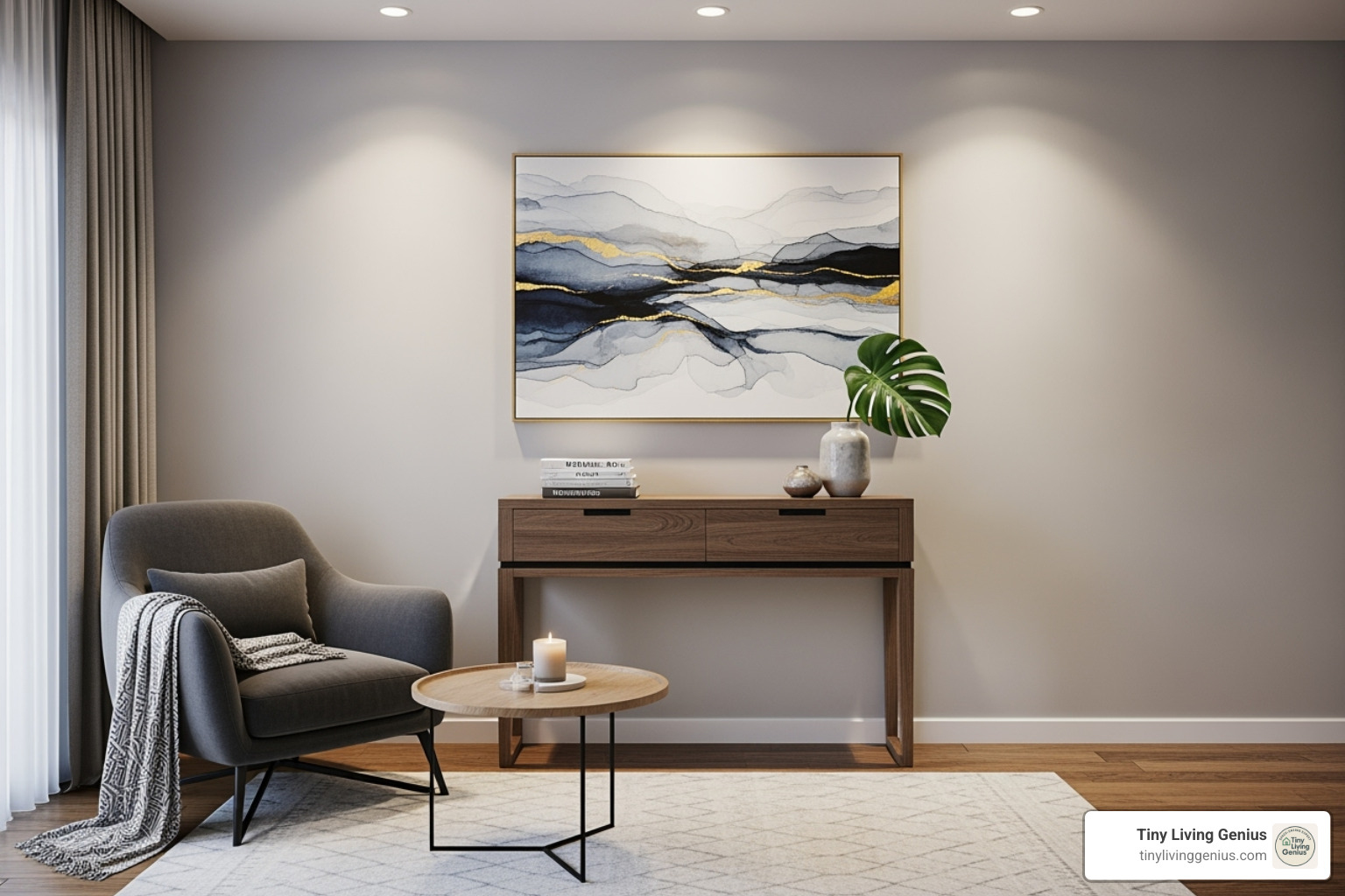 stylish compact living room with narrow console table - Narrow console table