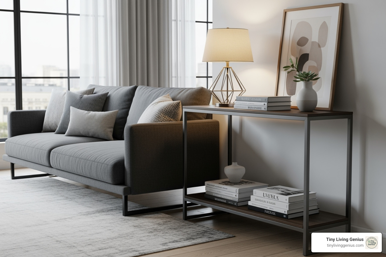 narrow console table behind a sofa - Narrow console table