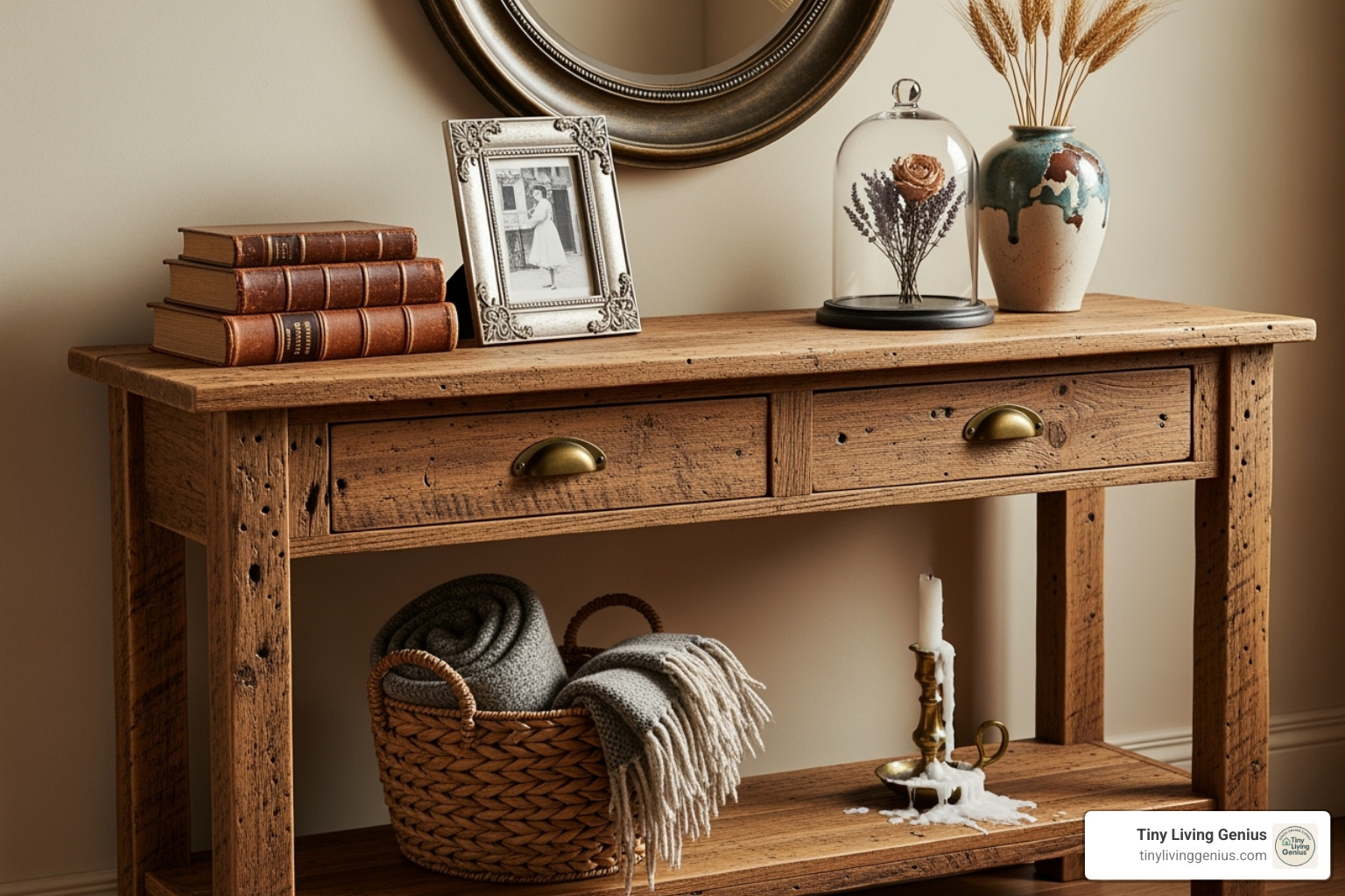rustic wood console table with vintage decor - Narrow console table