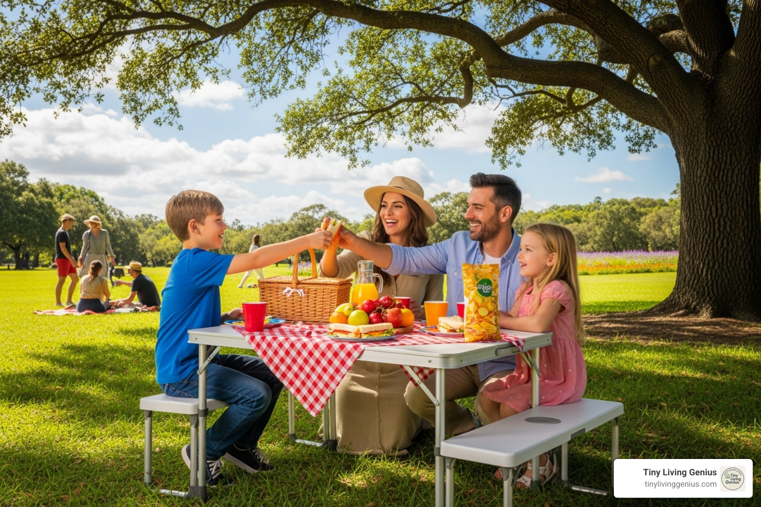 A family using a portable fold-out table for a picnic in a park - fold out table