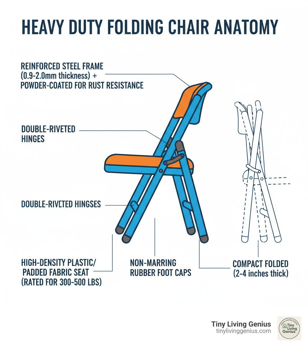 infographic showing the anatomy of a heavy duty folding chair with labeled components: reinforced steel frame with 0.9-2.0mm thickness, powder-coated finish for rust resistance, double-riveted hinges, high-density plastic or padded fabric seat rated for 300-500 lbs, non-marring rubber foot caps, and compact folded dimensions of 2-4 inches thick - heavy duty folding chairs infographic 