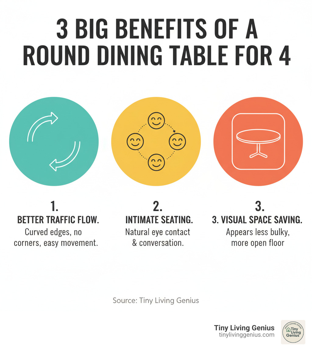 Infographic showing the top 3 benefits of a round dining table for 4: 1) Better Traffic Flow - curved edges allow easier movement in tight spaces with no corners to navigate around, 2) Intimate Seating Arrangement - everyone sits equidistant creating natural eye contact and conversation flow, 3) Visual Space Saving - the circular shape appears less bulky than rectangular tables and creates the illusion of more open floor space - round dining table for 4 infographic 