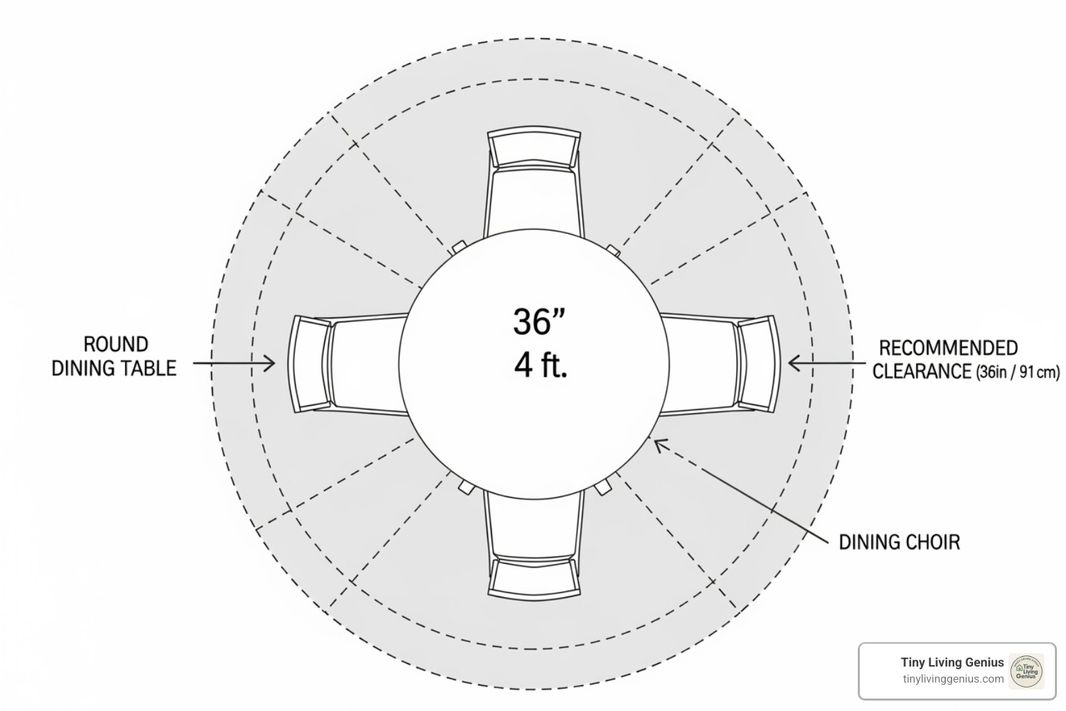 diagram of round table with clearance measurements - round dining table for 4