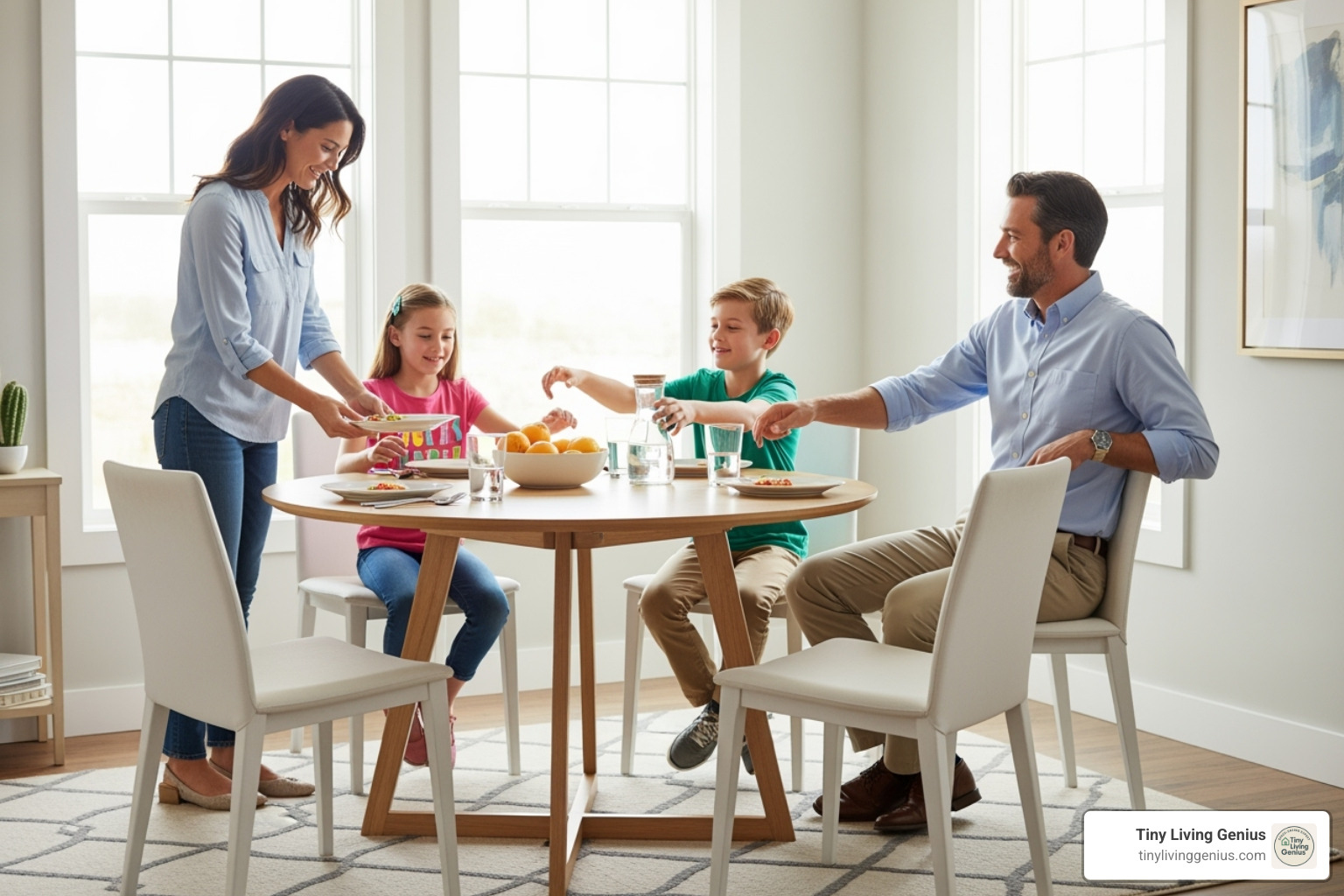 family moving around a round pedestal table - round dining table for 4