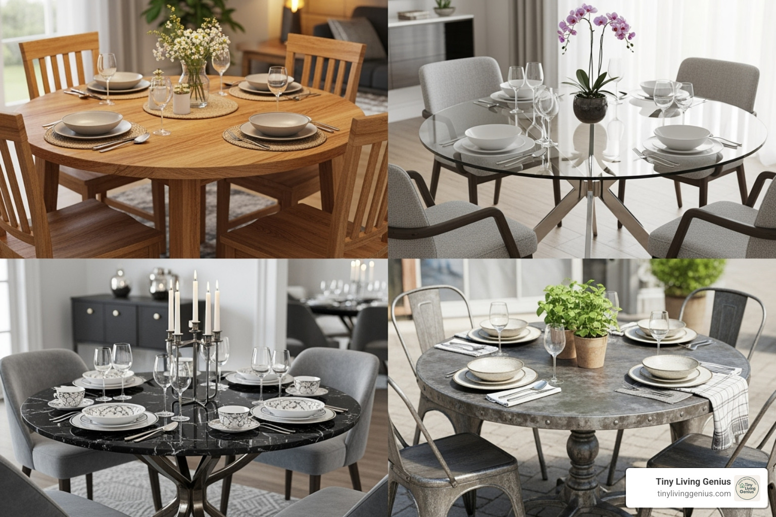 collage of different round table materials - round dining table for 4