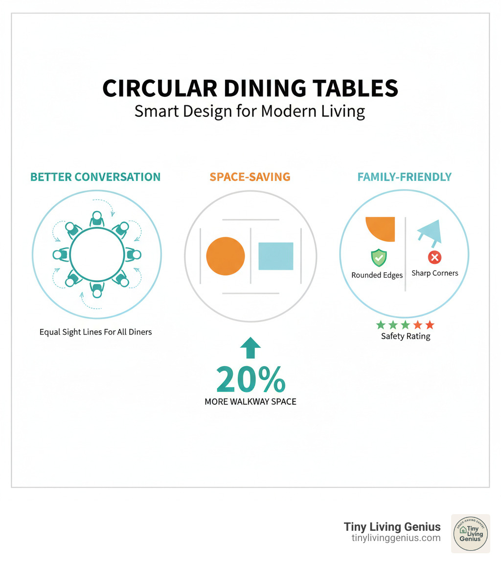 Infographic showing three circular diagrams: 1) Better Conversation - arrows pointing inward showing equal sight lines for all diners, 2) Space-Saving - comparison of round vs rectangular footprint in same square room showing 20% more walkway space, 3) Family-Friendly - illustration of rounded edges vs sharp corners with safety rating - dining tables circular infographic 