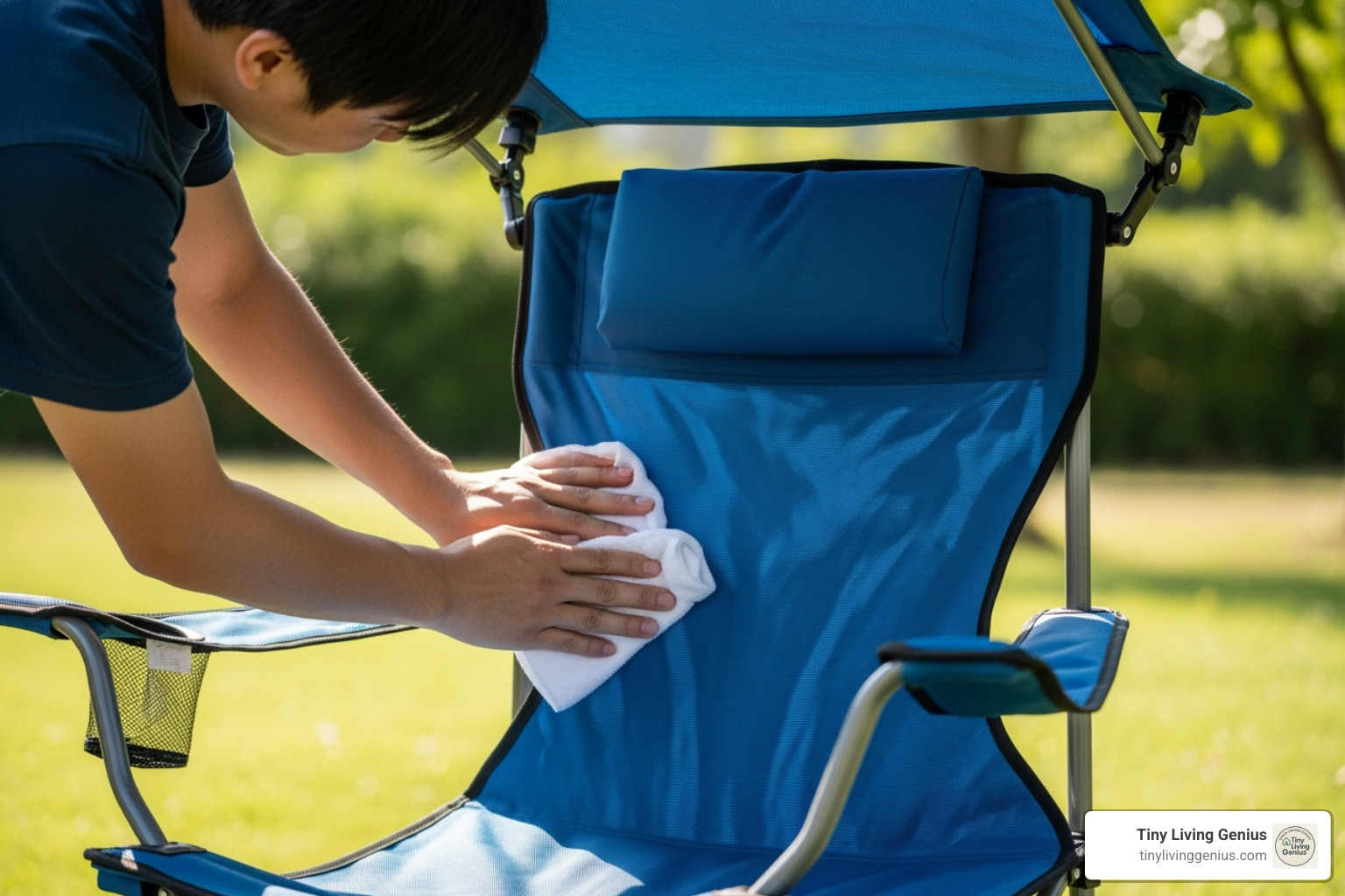 person wiping down the fabric of their canopy chair - folding chair with canopy