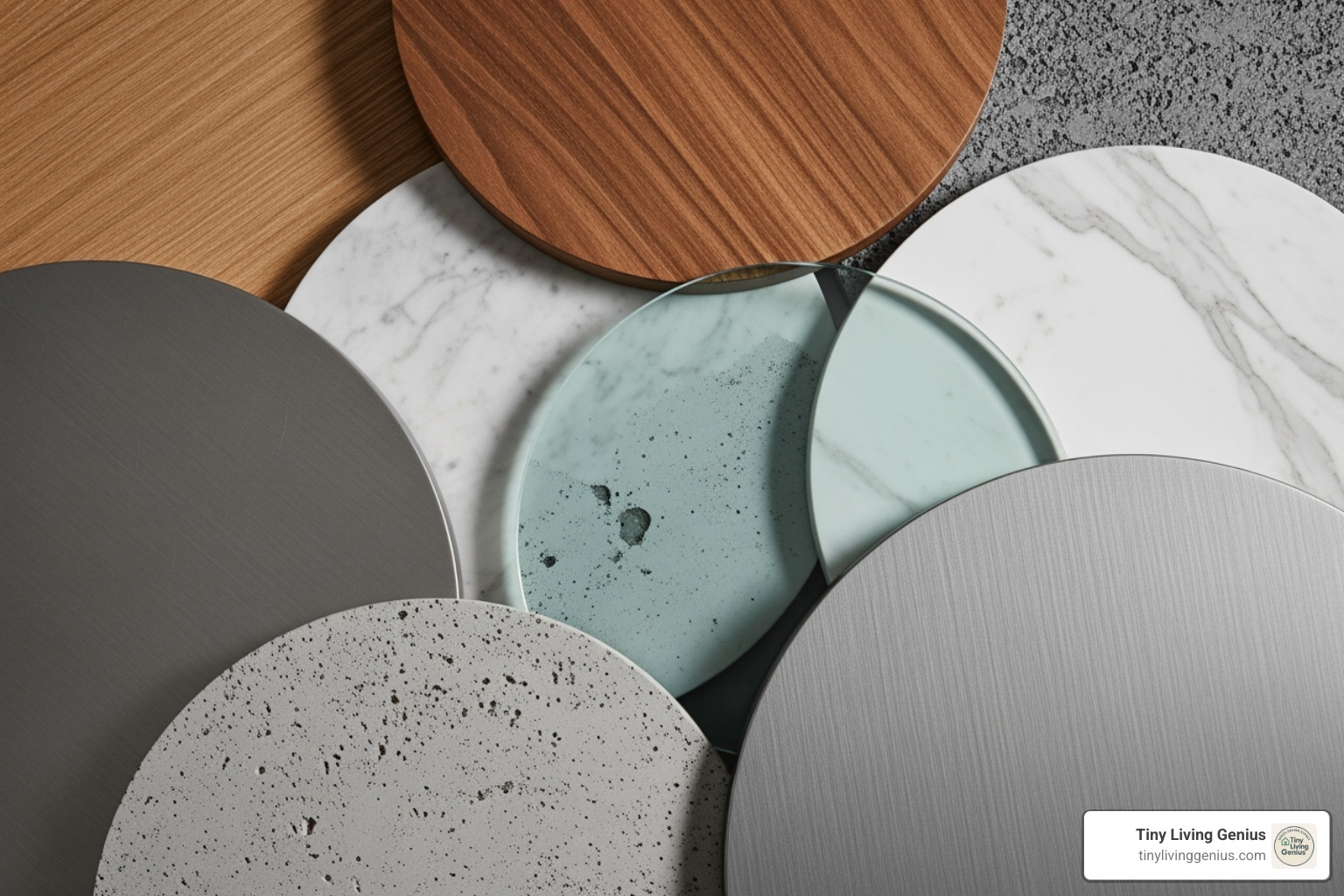 collage of different round table materials - dining tables circular