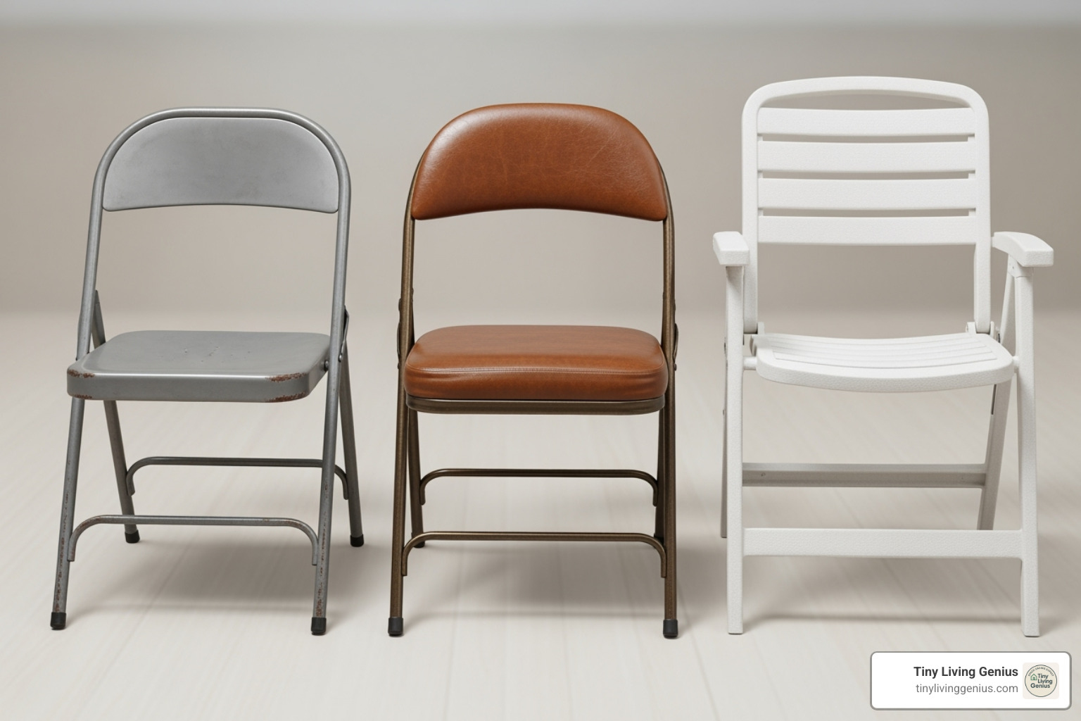 different folding chair styles: a simple metal chair, a vinyl padded chair, and a durable resin chair - folding table and chairs