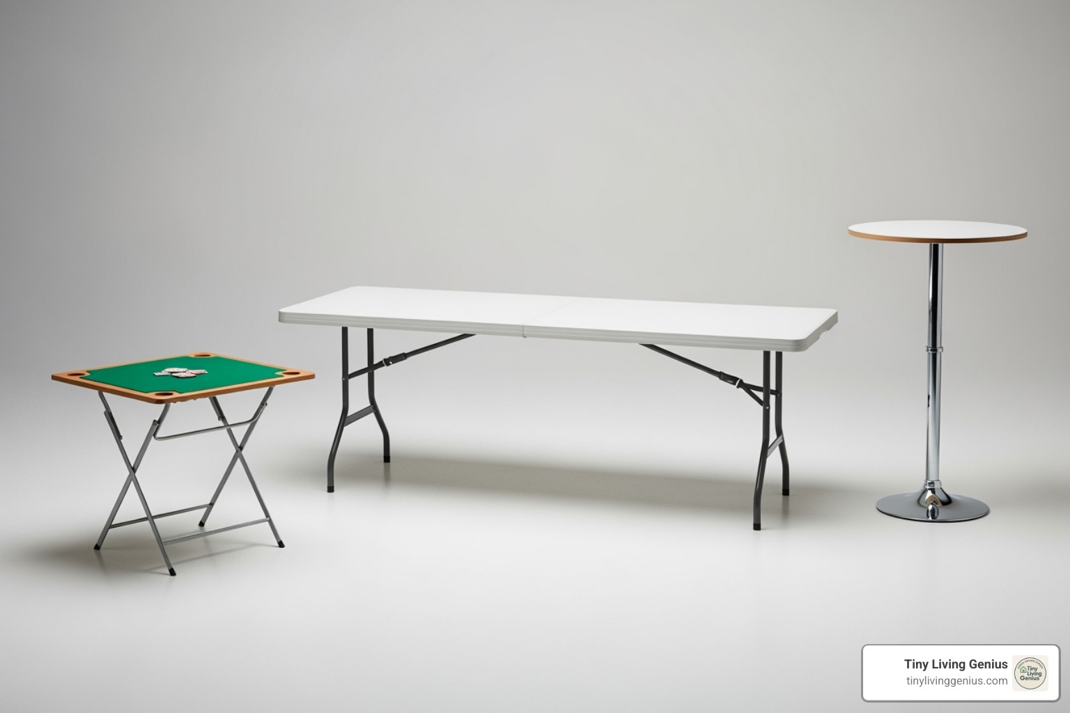 various types of folding tables including a rectangular banquet table, a square card table, and a round cocktail table - folding table and chairs