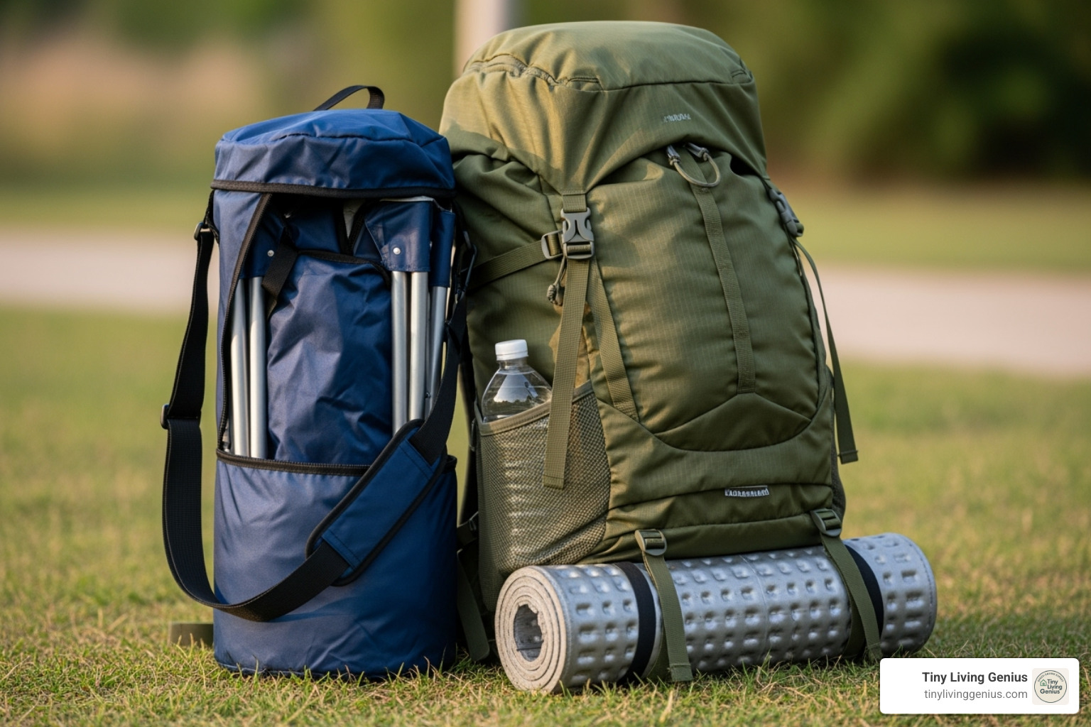 folded canopy chair in its carry bag next to a backpack - folding chair with canopy