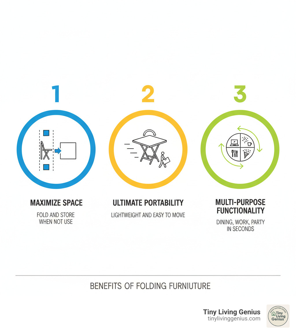 Infographic showing three key benefits of folding furniture: 1) Maximize Space - fold and store when not in use to reclaim up to 80% of floor space, 2) Ultimate Portability - integrated carry handles and lightweight materials make moving effortless, 3) Multi-Purpose Functionality - transform from dining to workspace to party setup in seconds - folding table and chairs infographic 