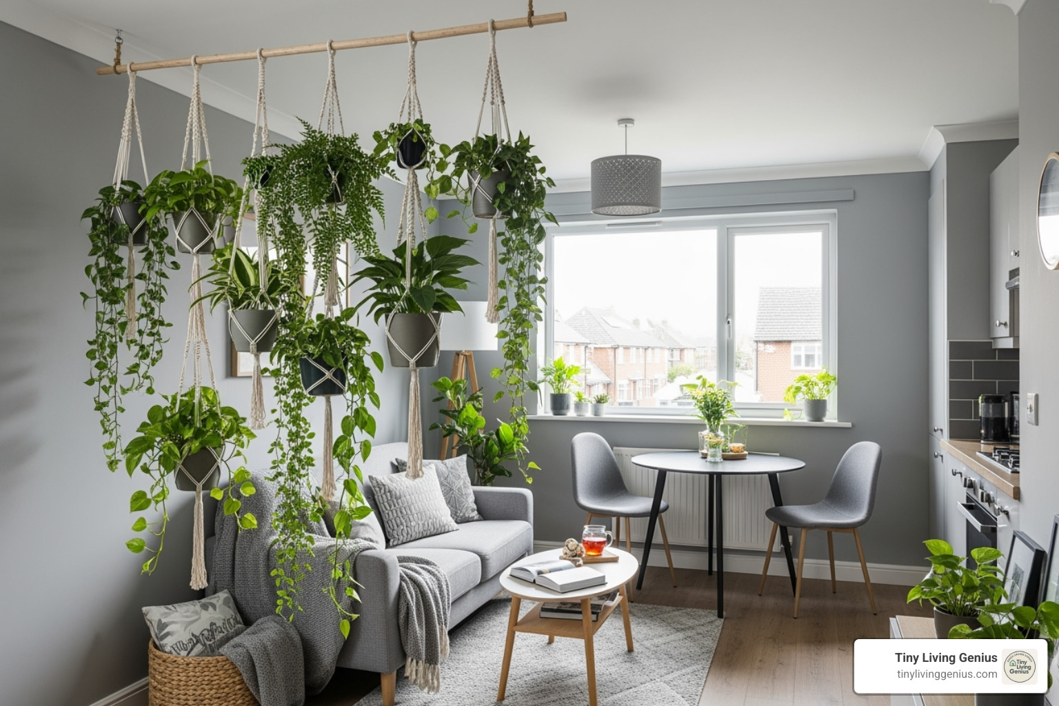 hanging plant divider in a compact living area - diy room divider