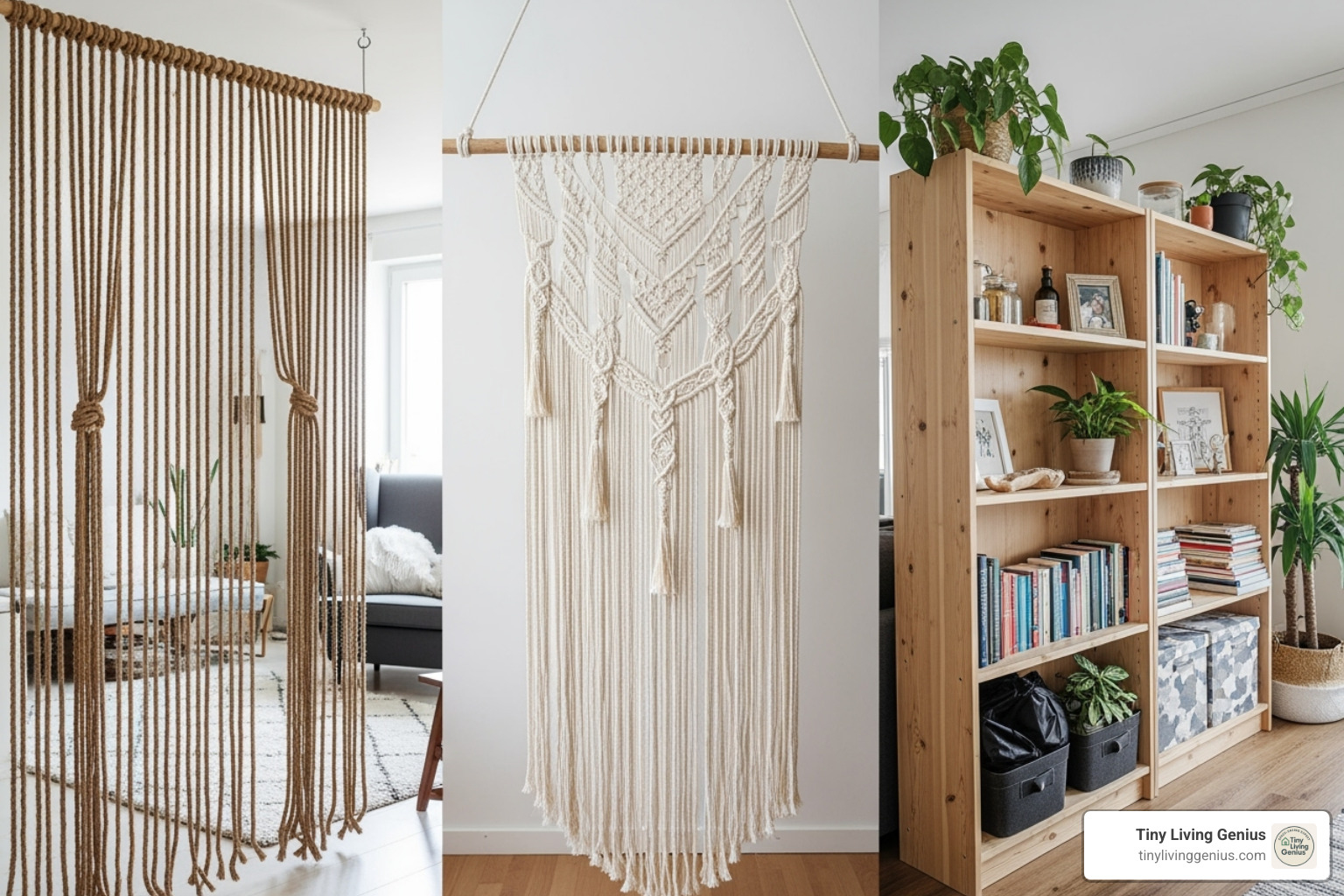 collage of different DIY room dividers like rope, macrame, and bookcase - diy room divider
