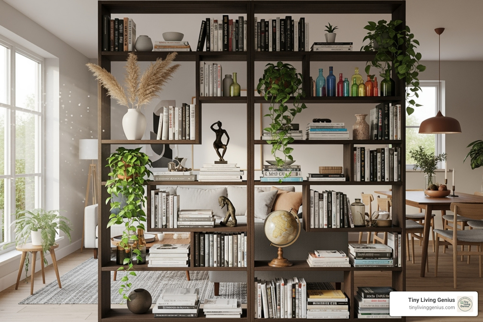 bookcase used as a room divider, filled with books and decor - diy room divider