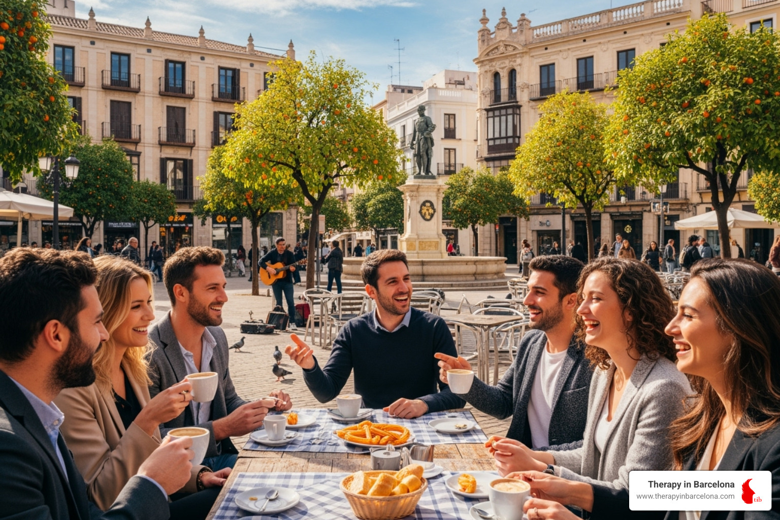 a diverse group of friends enjoying a coffee in a Valencian plaza - English speaking therapist Valencia