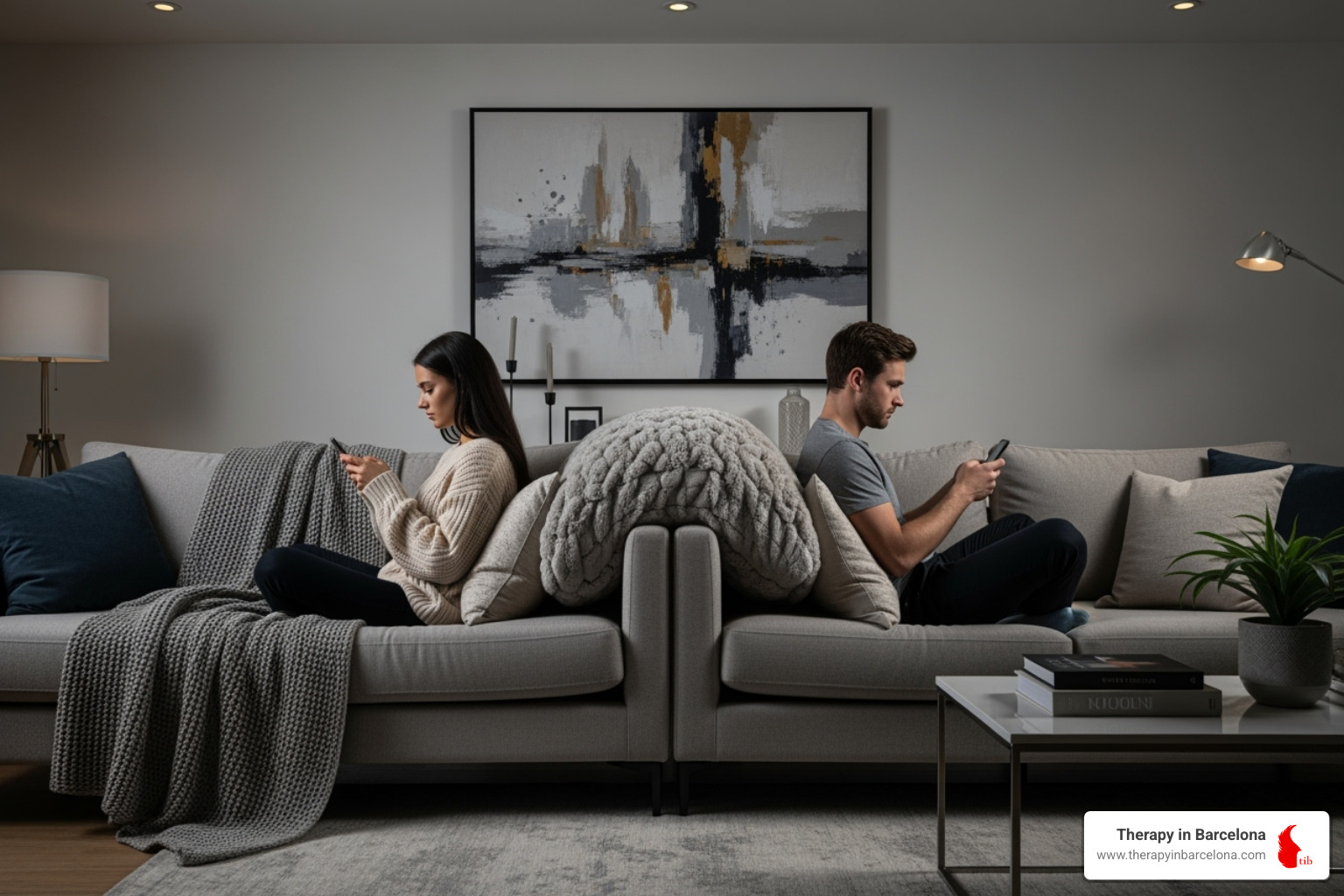 a couple looking distant from each other while sitting on separate ends of a sofa, each engrossed in their mobile phones - improving intimacy in marriage a couple looking distant from each other while sitting on separate ends of a sofa, each engrossed in their mobile phones - improving intimacy in marriage