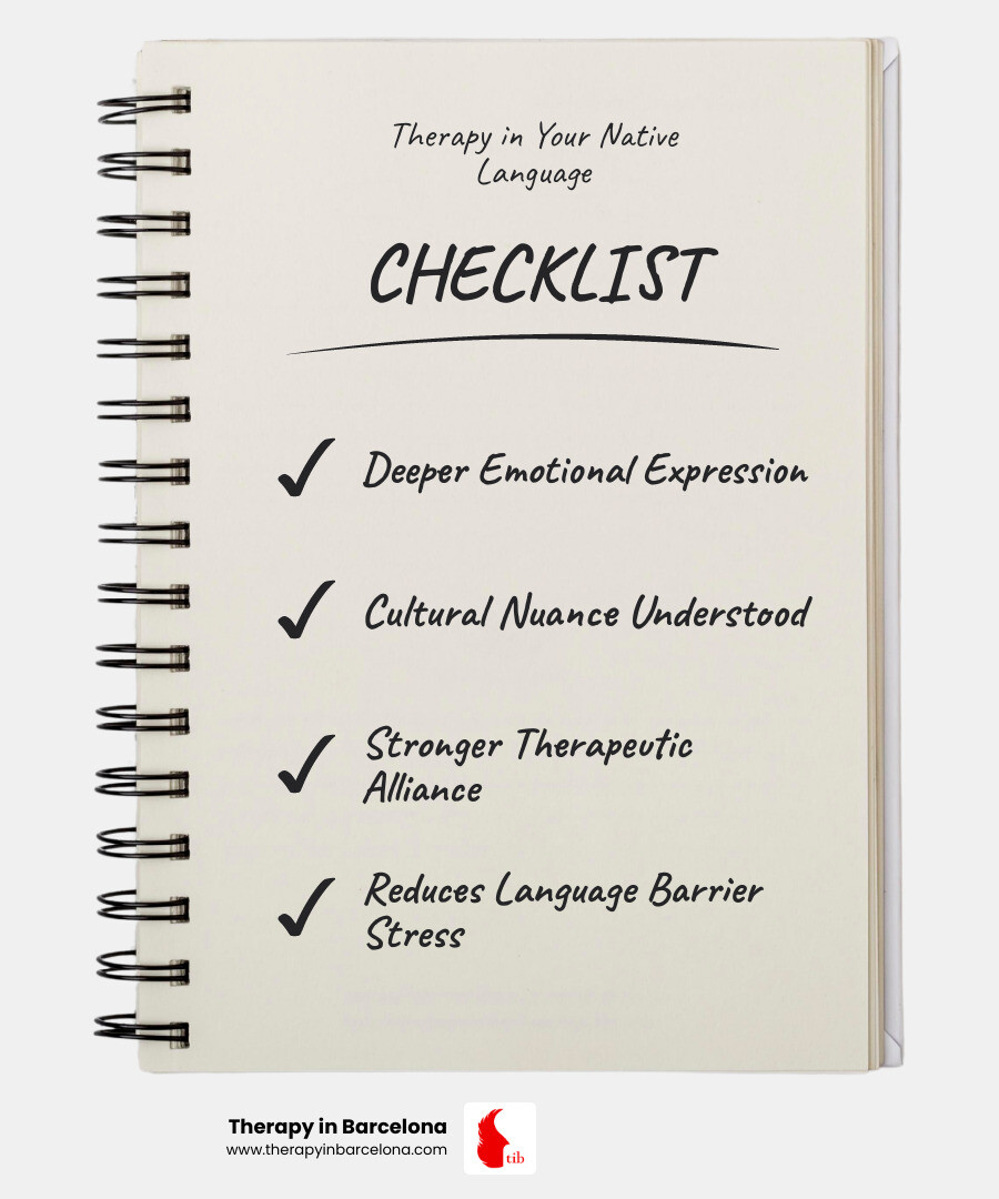 infographic showing benefits of therapy in your native language: deeper emotional expression, better understanding of cultural context, faster therapeutic progress, stronger therapeutic alliance, no language barrier stress - psychologist malaga english infographic checklist-notebook infographic showing benefits of therapy in your native language: deeper emotional expression, better understanding of cultural context, faster therapeutic progress, stronger therapeutic alliance, no language barrier stress - psychologist malaga english infographic checklist-notebook