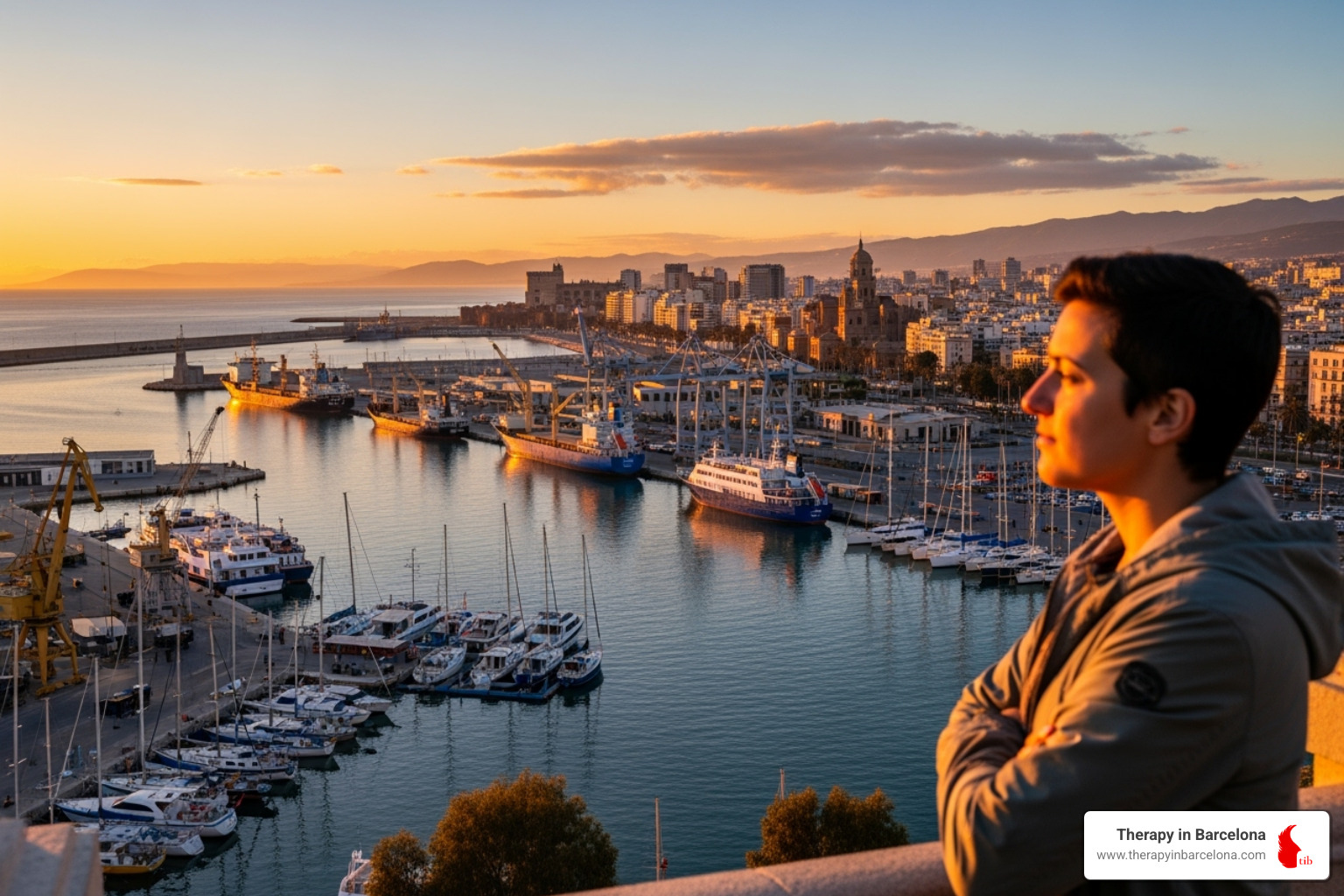 person looking thoughtfully over Málaga port - psychologist malaga english person looking thoughtfully over Málaga port - psychologist malaga english
