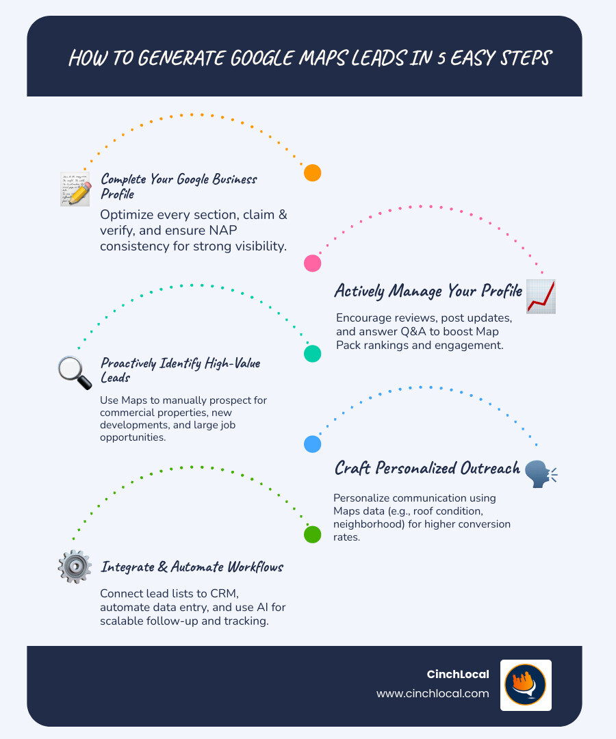 infographic showing the five steps to generate google maps leads for roofing contractors - Google Maps leads infographic infographic-line-5-steps-blues-accent_colors
