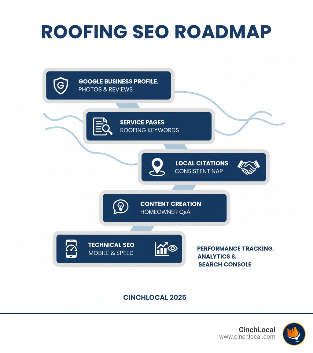 Infographic showing the SEO optimization process for roofing contractors: Step 1 - Google Business Profile setup and optimization with photos and reviews; Step 2 - Service page creation targeting specific roofing keywords; Step 3 - Local citation building with consistent NAP across directories; Step 4 - Content creation answering homeowner questions; Step 5 - Technical optimization for mobile and site speed; Step 6 - Performance tracking with Google Analytics and Search Console - optimize seo infographic 