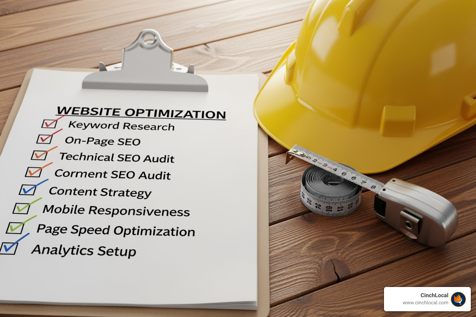 A clipboard with a checklist for website optimization, next to a hard hat and tape measure, symbolizing a contractor's focus on detail and planning - optimize seo