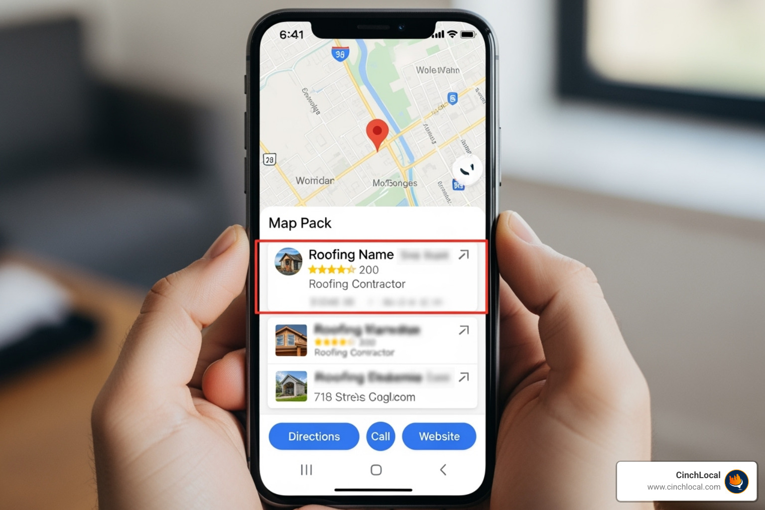 A smartphone displaying Google Maps search results, highlighting a roofing business in the local 