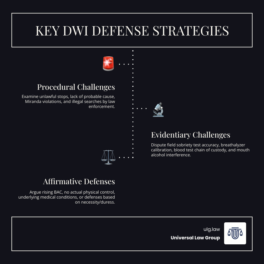 Infographic showing three main categories of DWI defense strategies: Procedural Challenges (including unlawful traffic stops, lack of probable cause, Miranda violations, illegal searches), Evidentiary Challenges (including field sobriety test inaccuracies, breathalyzer calibration errors, blood test chain of custody issues, mouth alcohol interference), and Affirmative Defenses (including rising BAC, no actual physical control, medical conditions, necessity, duress) - DWI defense strategies infographic Infographic showing three main categories of DWI defense strategies: Procedural Challenges (including unlawful traffic stops, lack of probable cause, Miranda violations, illegal searches), Evidentiary Challenges (including field sobriety test inaccuracies, breathalyzer calibration errors, blood test chain of custody issues, mouth alcohol interference), and Affirmative Defenses (including rising BAC, no actual physical control, medical conditions, necessity, duress) - DWI defense strategies infographic
