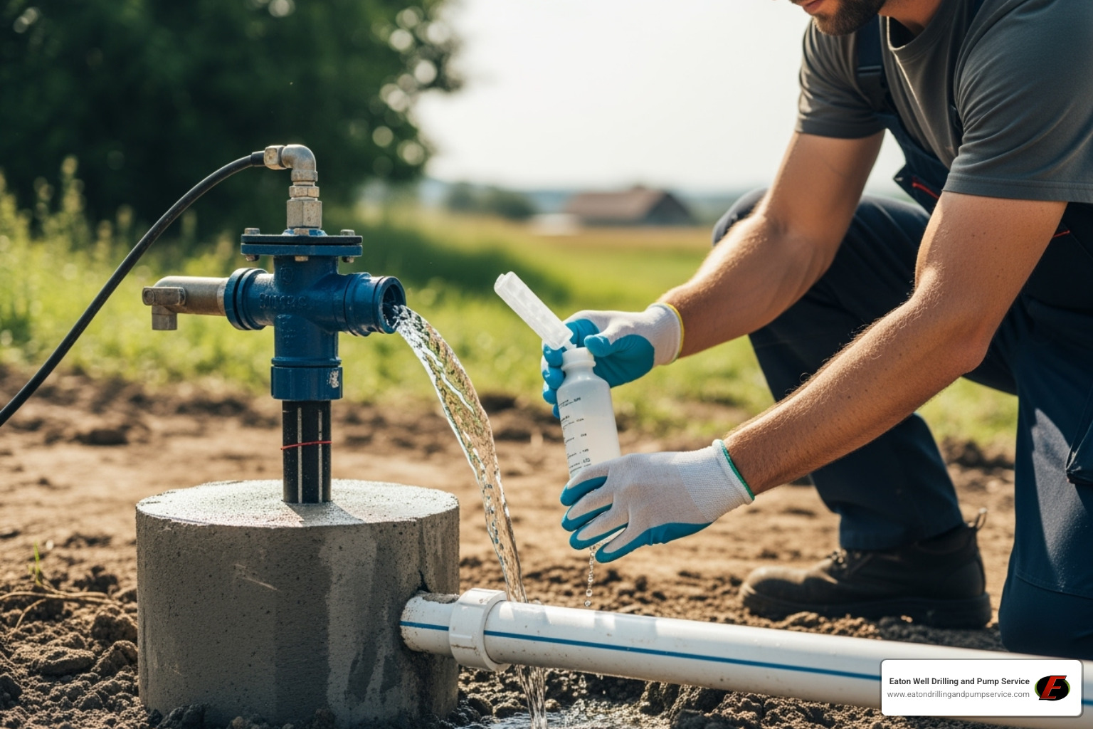 technician taking a water sample from a newly installed wellhead - drilling for water