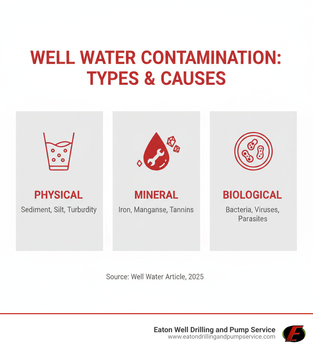 Infographic showing three main categories of well water contamination: Physical contamination (sediment, silt, turbidity), Mineral contamination (iron, manganese, tannins), and Biological contamination (bacteria, viruses, parasites), with visual icons and brief descriptions of each type - dirty well water infographic Infographic showing three main categories of well water contamination: Physical contamination (sediment, silt, turbidity), Mineral contamination (iron, manganese, tannins), and Biological contamination (bacteria, viruses, parasites), with visual icons and brief descriptions of each type - dirty well water infographic