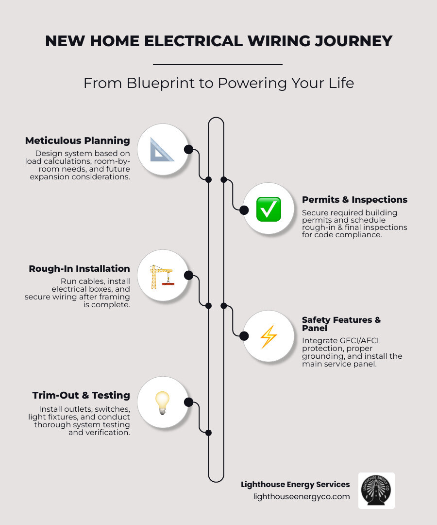 Infographic showing the complete new home electrical wiring process from utility connection through service panel to individual circuits, including rough-in phase timing, required inspections, essential safety components like GFCI and AFCI protection, proper grounding methods, and typical costs per square foot for different home sizes - new home electrical wiring infographic infographic-line-5-steps-elegant_beige Infographic showing the complete new home electrical wiring process from utility connection through service panel to individual circuits, including rough-in phase timing, required inspections, essential safety components like GFCI and AFCI protection, proper grounding methods, and typical costs per square foot for different home sizes - new home electrical wiring infographic infographic-line-5-steps-elegant_beige