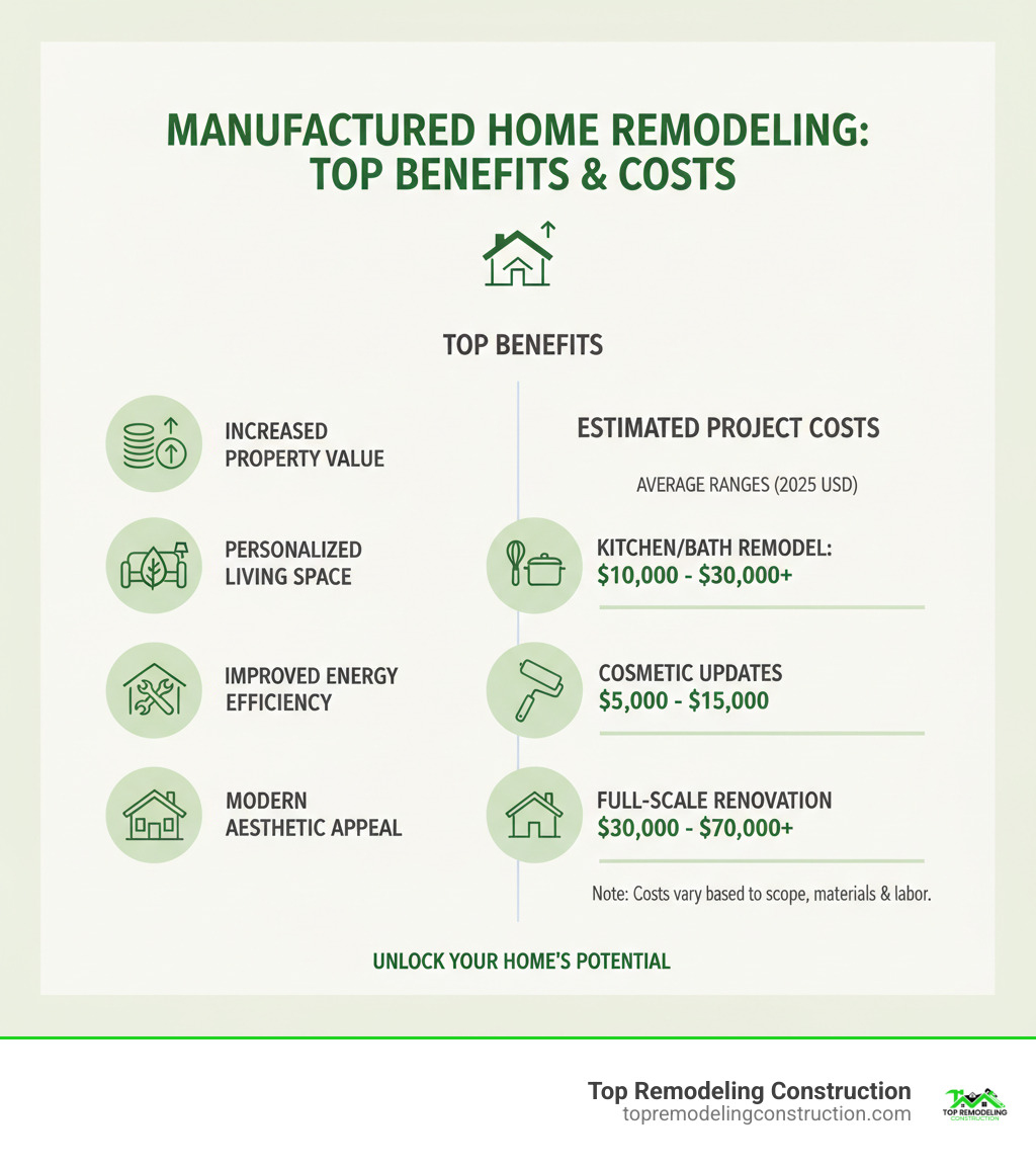 Infographic showing the top benefits of remodeling a manufactured home: increased property value, personalized living space, improved energy efficiency, enhanced functionality, and modern aesthetic appeal with estimated cost ranges for different project types - can you remodel manufactured homes infographic Infographic showing the top benefits of remodeling a manufactured home: increased property value, personalized living space, improved energy efficiency, enhanced functionality, and modern aesthetic appeal with estimated cost ranges for different project types - can you remodel manufactured homes infographic