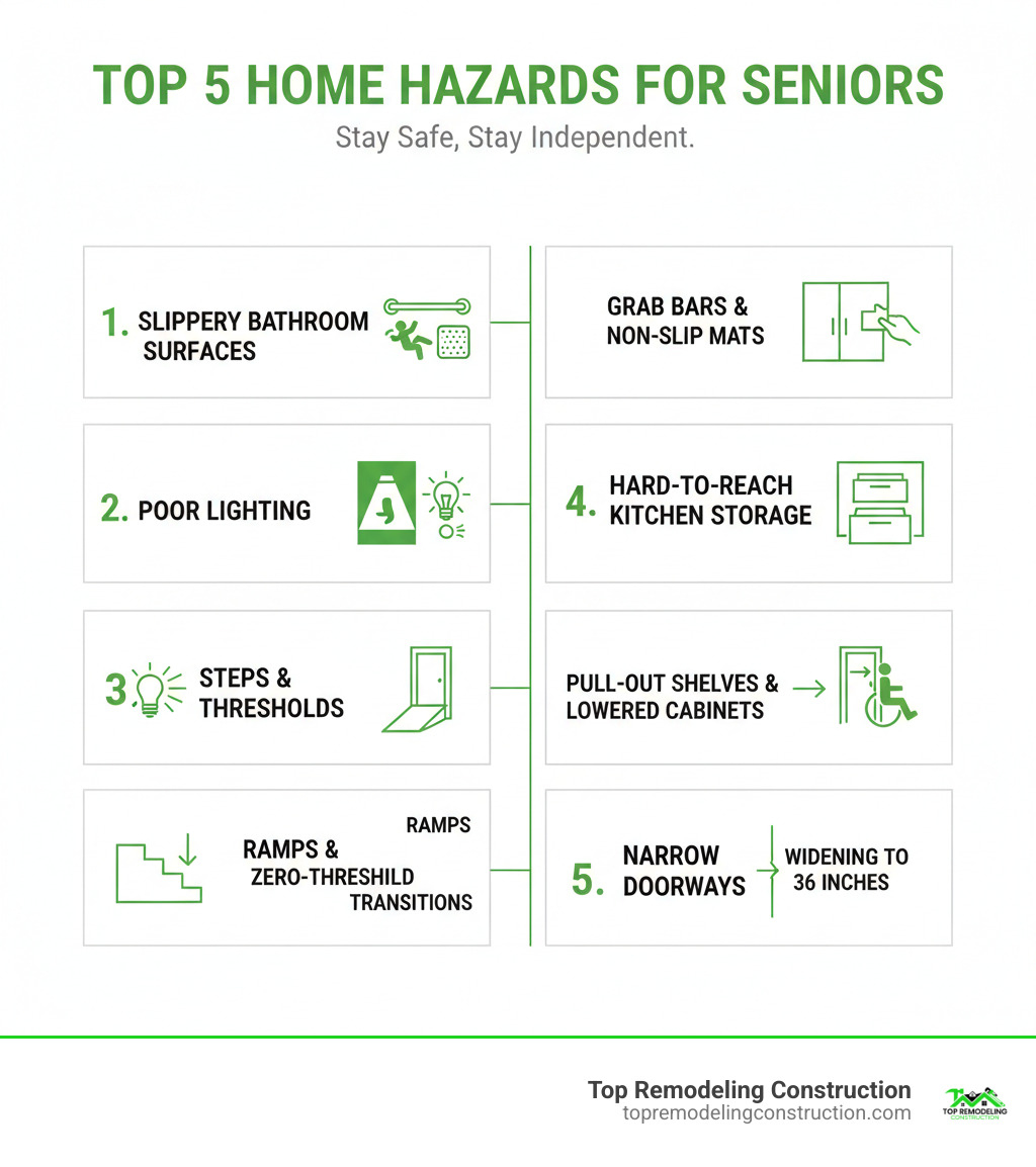 Infographic showing the top 5 home hazards for seniors: 1. Slippery bathroom surfaces with solution of grab bars and non-slip mats, 2. Poor lighting in hallways and stairs with solution of motion-sensor lights and brighter bulbs, 3. Steps and thresholds with solution of ramps and zero-threshold transitions, 4. Hard-to-reach kitchen storage with solution of pull-out shelves and lowered cabinets, 5. Narrow doorways with solution of widening to 36 inches for mobility aids - Aging in place modifications infographic Infographic showing the top 5 home hazards for seniors: 1. Slippery bathroom surfaces with solution of grab bars and non-slip mats, 2. Poor lighting in hallways and stairs with solution of motion-sensor lights and brighter bulbs, 3. Steps and thresholds with solution of ramps and zero-threshold transitions, 4. Hard-to-reach kitchen storage with solution of pull-out shelves and lowered cabinets, 5. Narrow doorways with solution of widening to 36 inches for mobility aids - Aging in place modifications infographic
