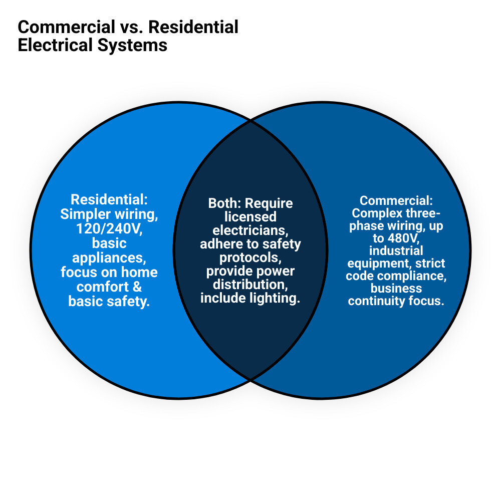 infographic showing differences between commercial and residential electrical systems including scale, voltage requirements, complexity, and maintenance needs - Professional commercial electrician infographic venn_diagram