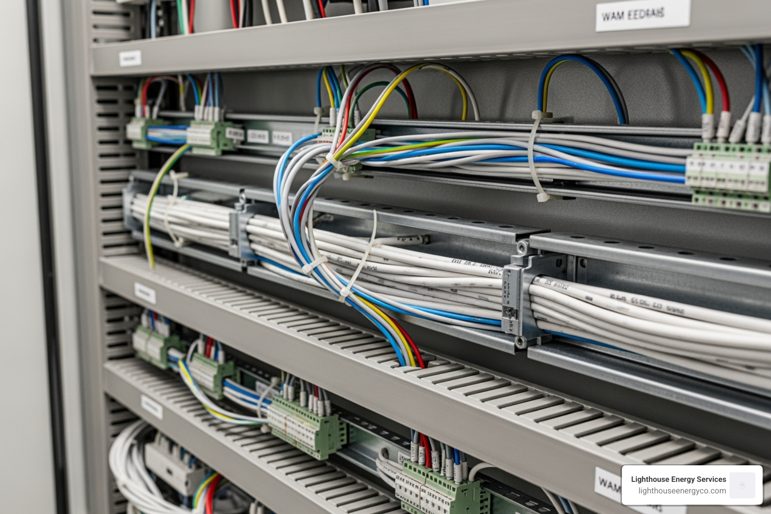 neatly organized wires routed through cable ducts and trays within an industrial control panel - Industrial control wiring