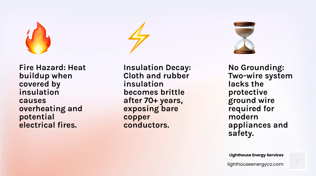 Infographic showing three critical risks of knob and tube wiring: 1) Fire Hazard - heat buildup when covered by insulation causes overheating and potential electrical fires, 2) No Grounding - two-wire system lacks protective ground wire required for modern appliances and safety, 3) Insulation Decay - cloth and rubber insulation becomes brittle after 70+ years exposing bare copper conductors - knob and tube wiring infographic 3_facts_emoji_light-gradient