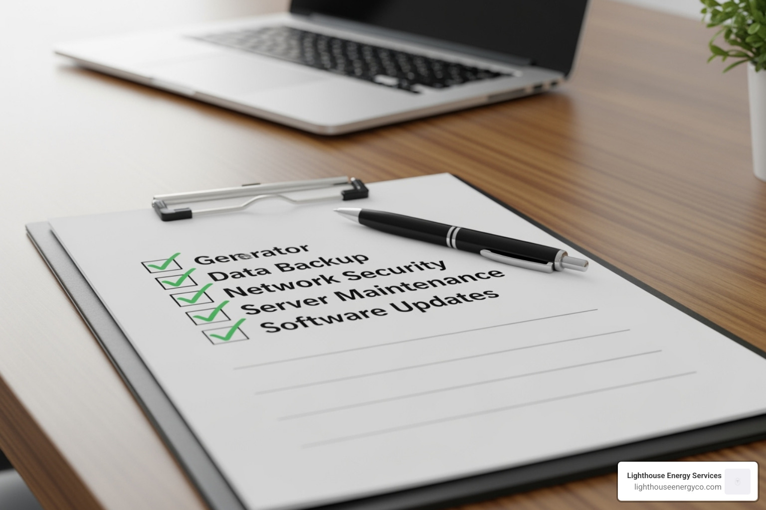 A checklist on a clipboard with items like "Generator" and "Data Backup" ticked off - Business power outage