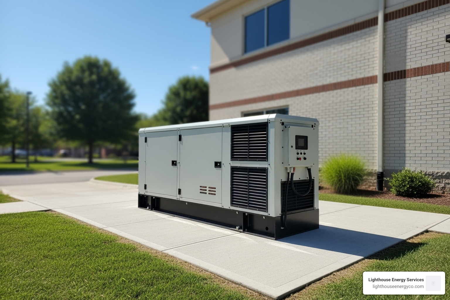 A commercial standby generator installed neatly next to a building - Business power outage