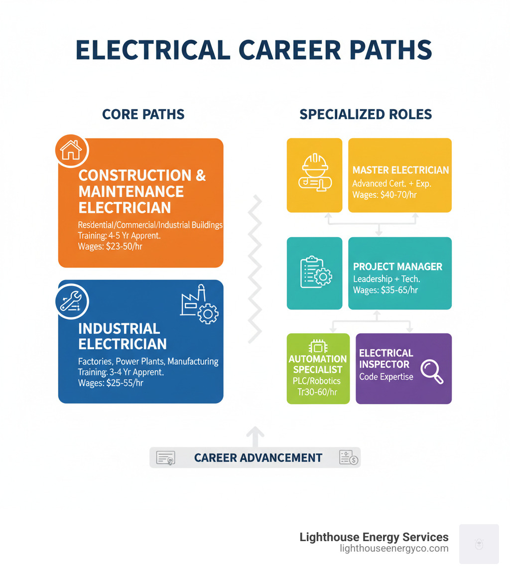 Infographic showing electrical career paths: Construction & Maintenance Electrician (residential/commercial/industrial buildings), Industrial Electrician (factories, power plants, manufacturing), and specialized paths including Master Electrician, Project Manager, Automation Specialist, and Electrical Inspector, with typical training requirements and wage ranges for each - construction & maintenance electrician infographic 