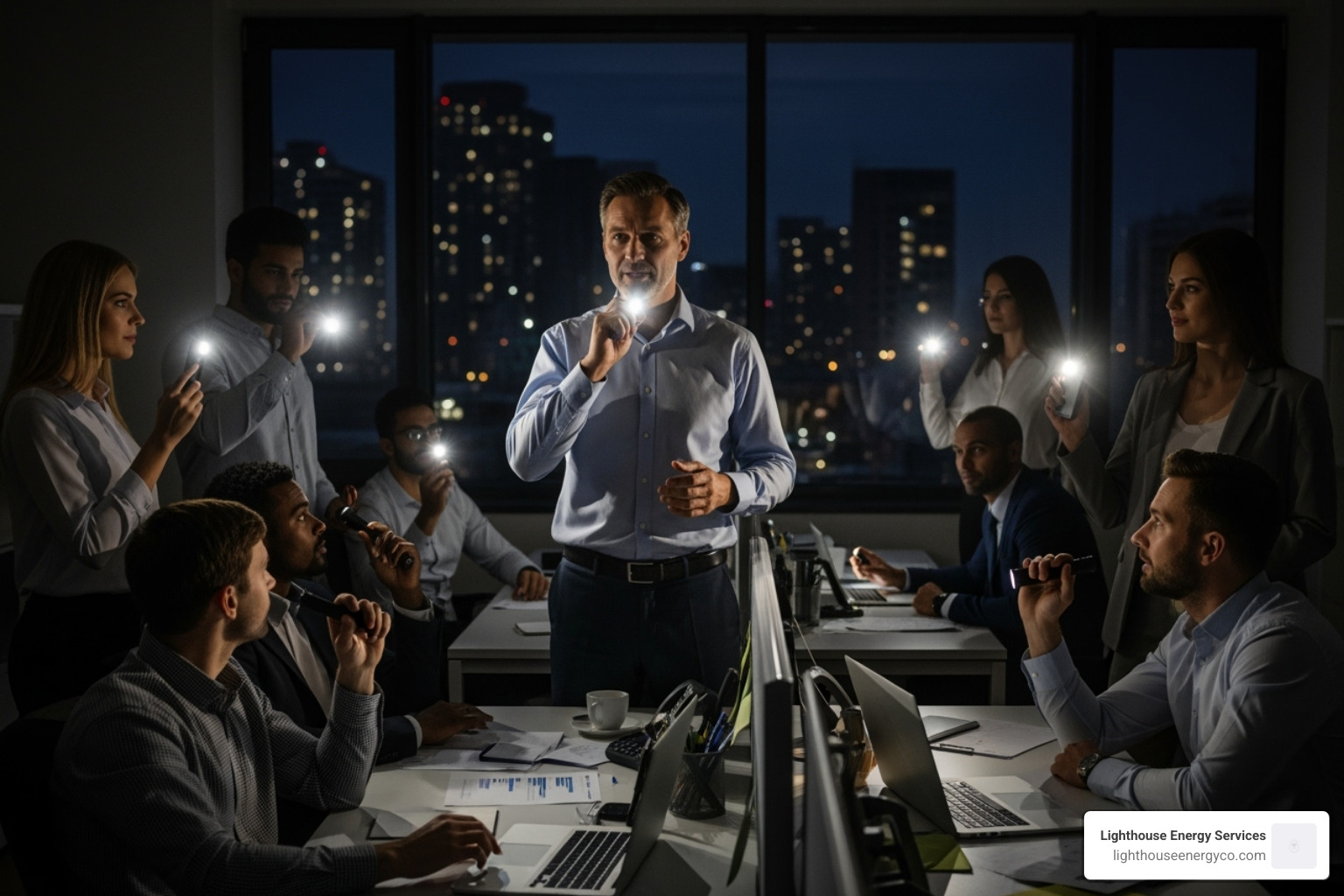 A manager calmly addressing their team with flashlights during an outage - Business power outage