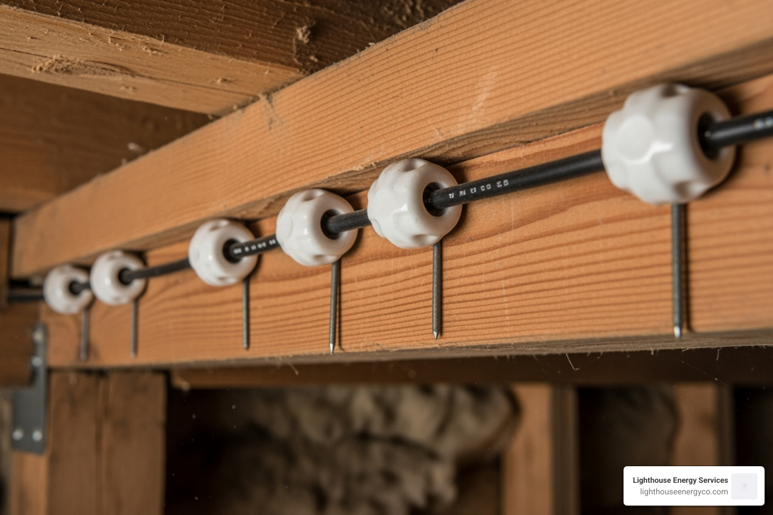white ceramic knobs nailed to a wooden joist with black wires - knob and tube wiring