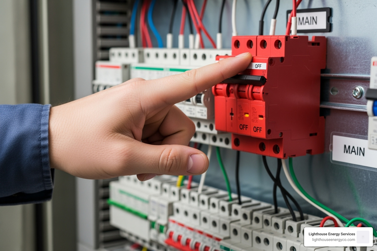 A hand safely turning off a main circuit breaker - emergency electricians