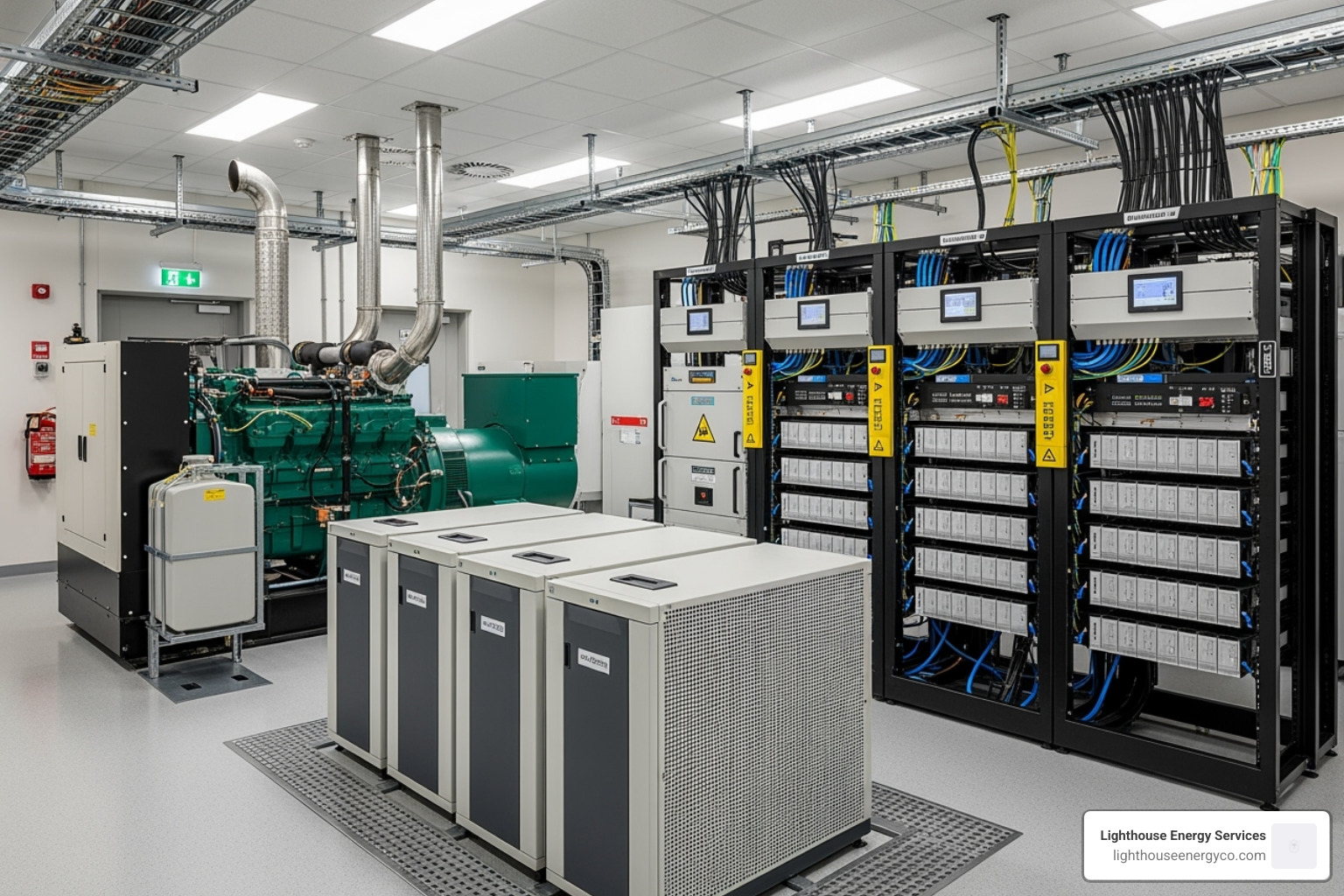 Commercial power backup systems including a generator, UPS units, and battery storage - commercial power backup