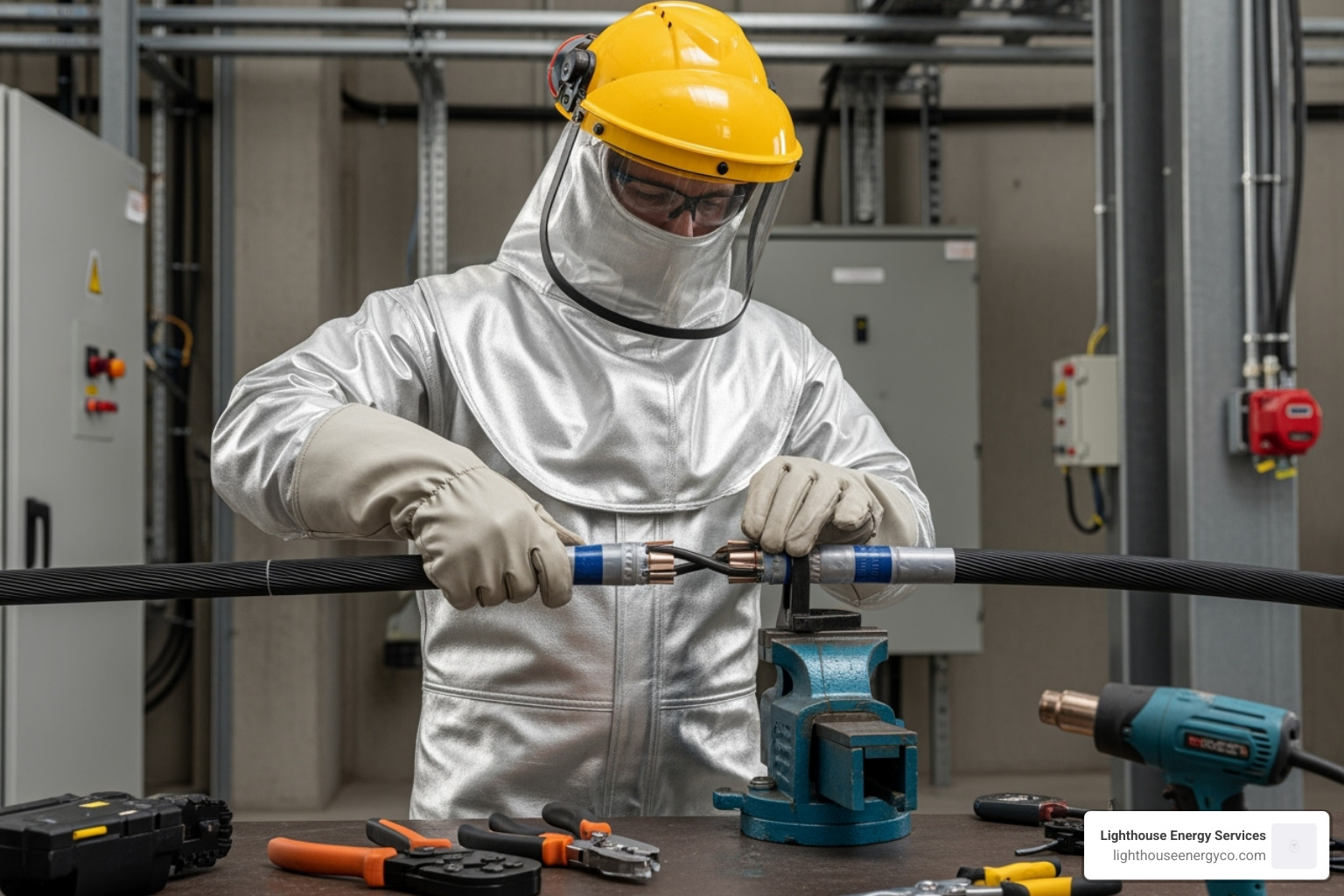 Image of an electrician performing a cable termination - medium voltage electrical contractors Image of an electrician performing a cable termination - medium voltage electrical contractors